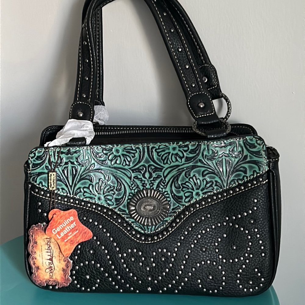 New Trinity Ranch by Montana West Tooled Pebbled Leather Studded Shoulder Bag